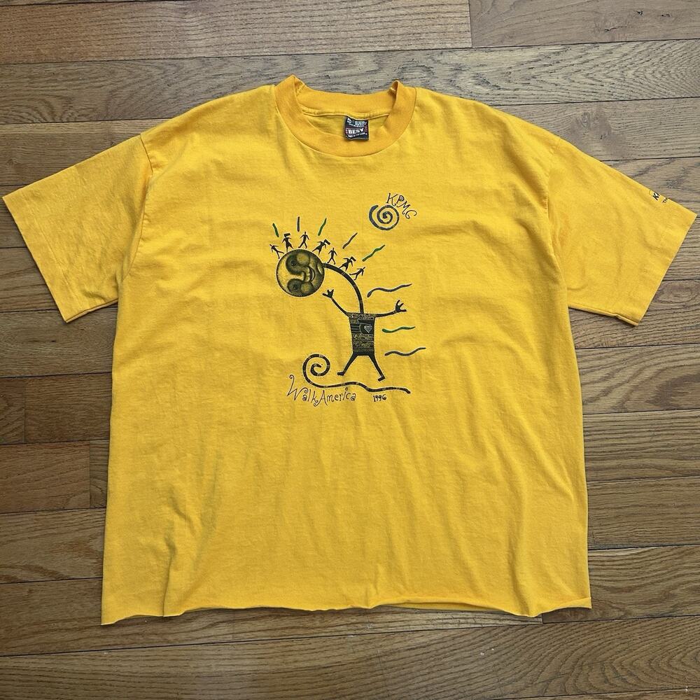 Vintage 1996 Walk America Screen Stars 90s Cropped Yellow Tee Shirt XL
